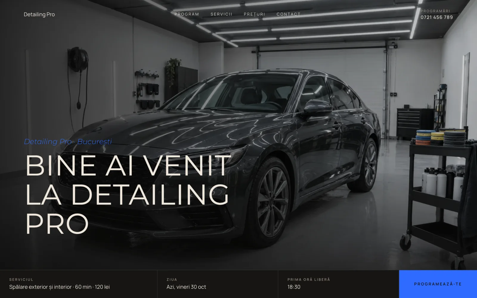 Exemplu de site făcut în Tonica pentru un atelier de detailing, cu tema Studio.