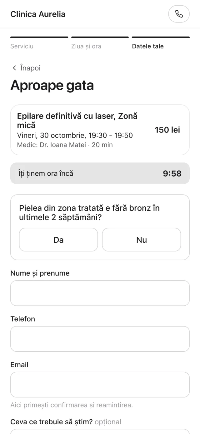 Pagina de programare cu întrebarea despre bronz înainte de epilarea cu laser